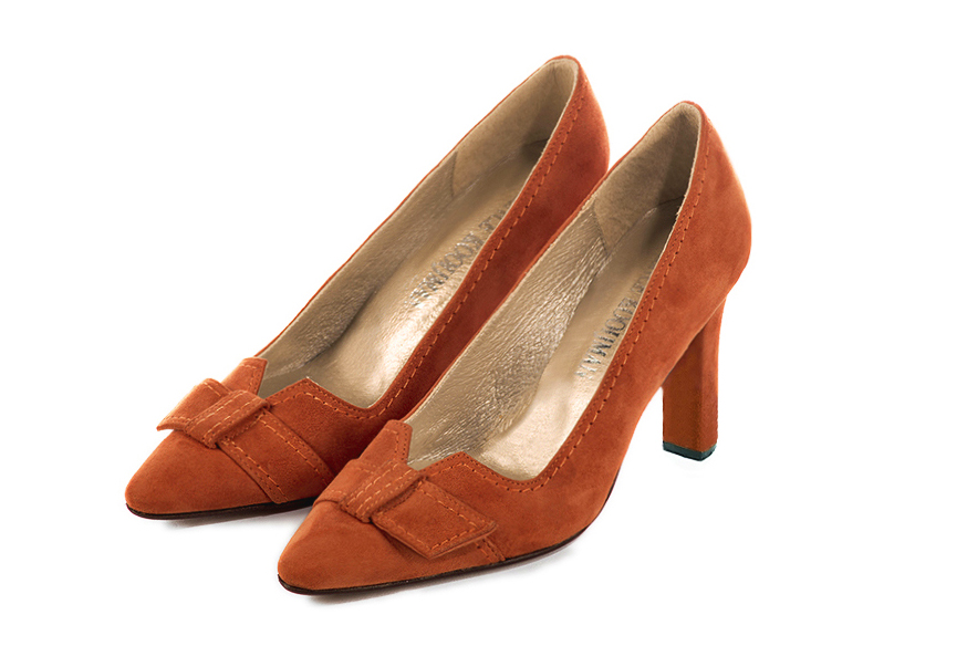 French elegance and refinement for these terracotta orange dress pumps, with a knot on the front, 
                available in many subtle leather and colour combinations. Possibility to customize with your colors and materials.
With its original cutout, this pretty fitted pump
will render you great services, combining comfort and distinction. 
                Matching clutches for parties, ceremonies and weddings.   
                You can customize these shoes to perfectly match your tastes or needs, and have a unique model.  
                Choice of leathers, colours, knots and heels. 
                Wide range of materials and shades carefully chosen.  
                Rich collection of flat, low, mid and high heels.  
                Small and large shoe sizes - Florence KOOIJMAN